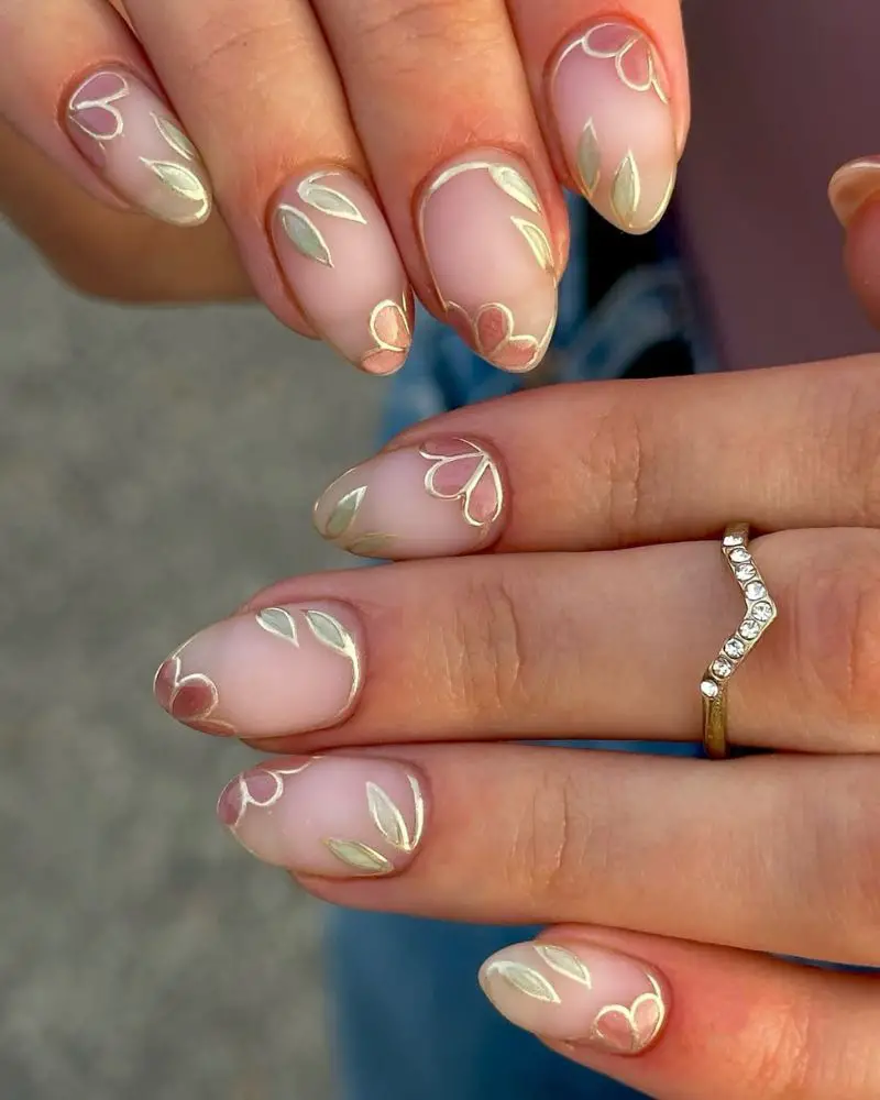 Sheer Pink Gold Outline Floral Leaves Sheer Pink Gold Outline Floral Leaves — Winter to Spring Transition Nails