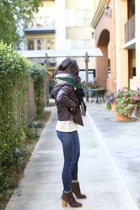 Green and Burgundy Plaid Scarf with Leather Jacket Green and Burgundy Plaid Scarf with Leather Jacket — Scarf Outfits