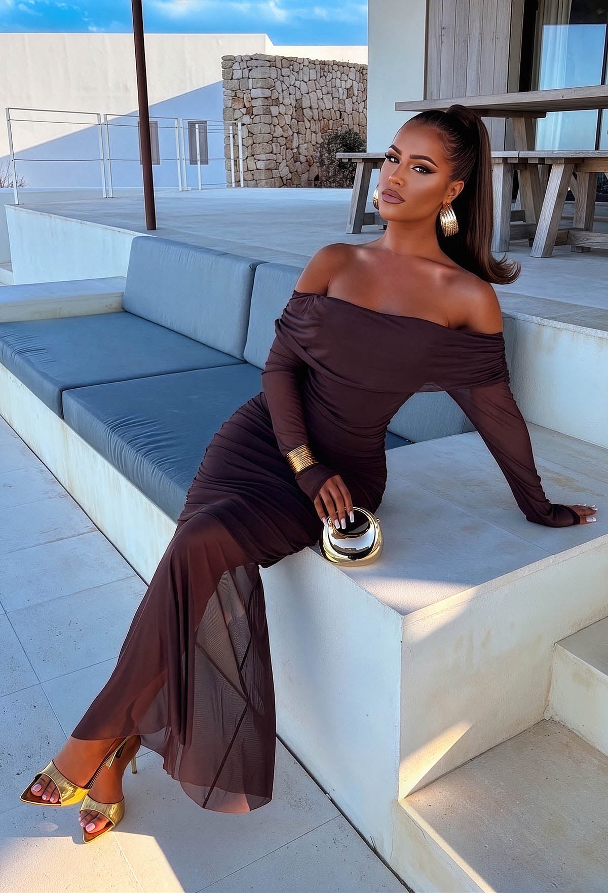 Evening Party Chocolate Brown Mesh Ruched Off-the-Shoulder Maxi Dress — Chocolate Brown Outfits