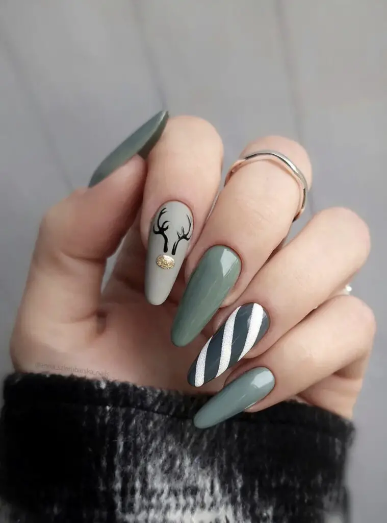 Muted Sage Green Deer Stripe Coffins Muted Sage Green Deer Stripe Coffins — Long Winter Nails