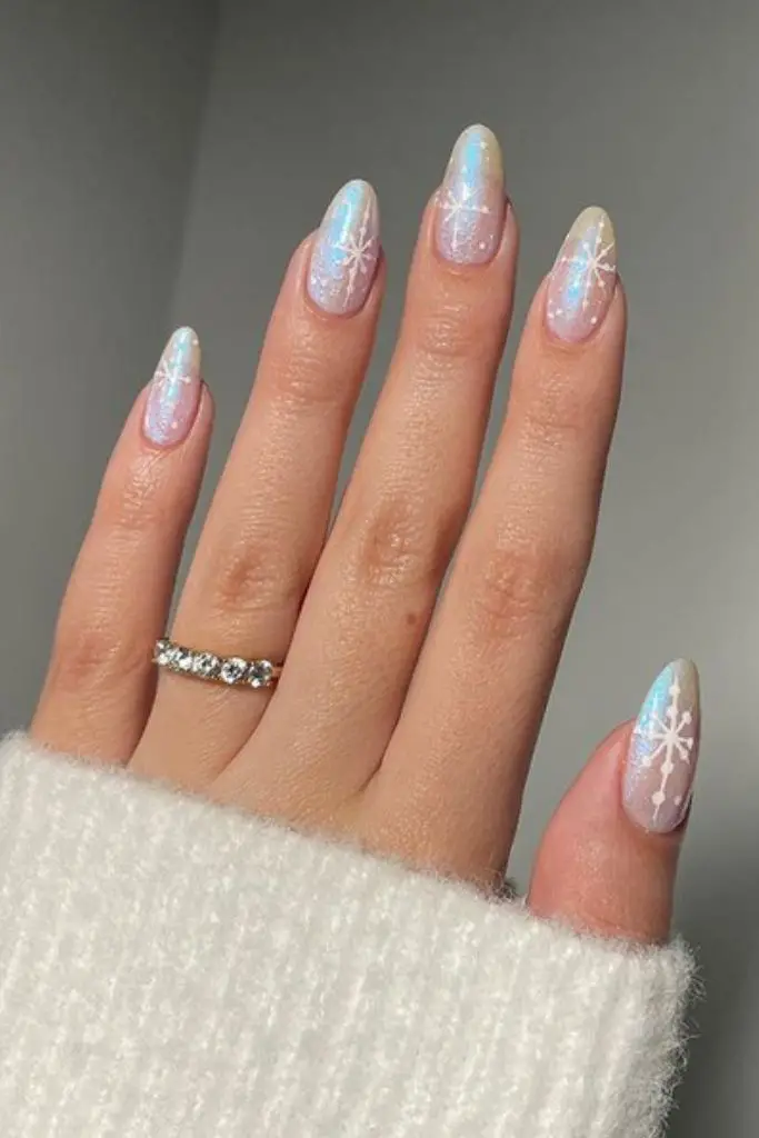 Pearlescent White Blue Nails with Snowflakes Pearlescent White Blue Nails with Snowflakes — Winter Nail Colors for Women Over 40