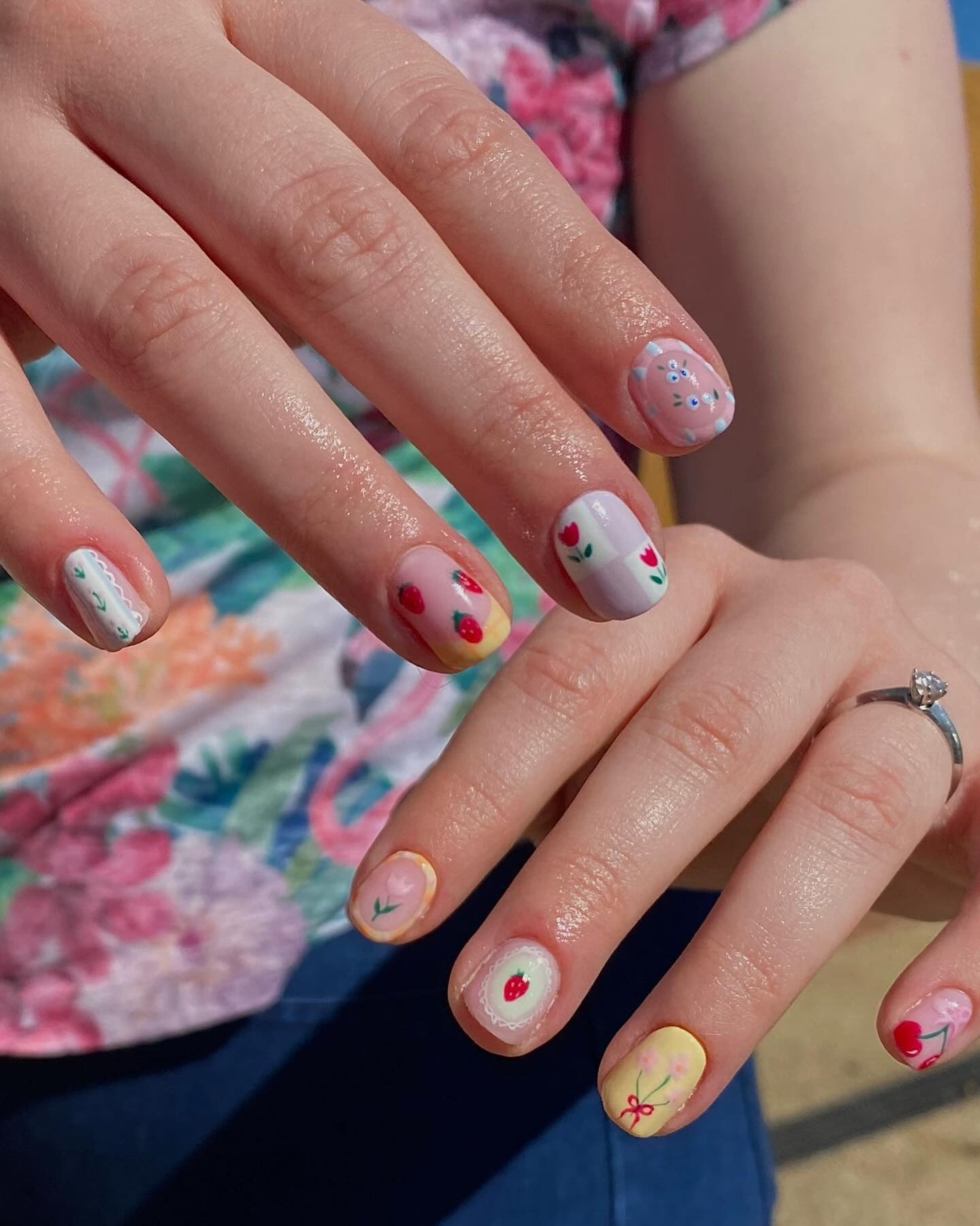 Whimsical Strawberry Gingham Short Oval Nails Whimsical Strawberry Gingham Short Oval Nails — Cute Nail Designs