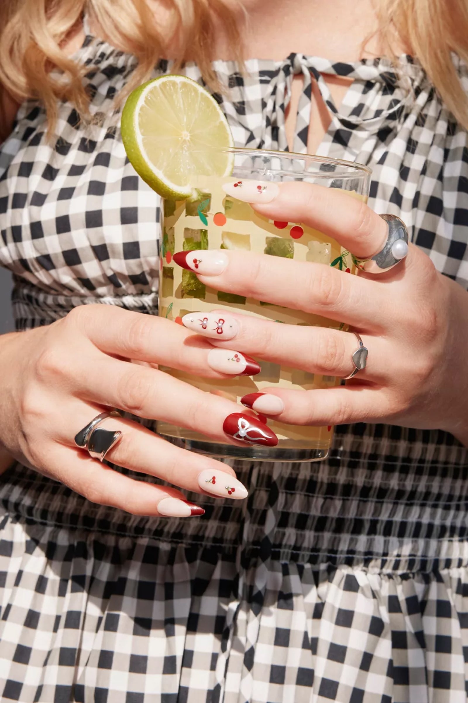 One Hand Nude Base Cherry Red French Tips — Cherry Red Nails
