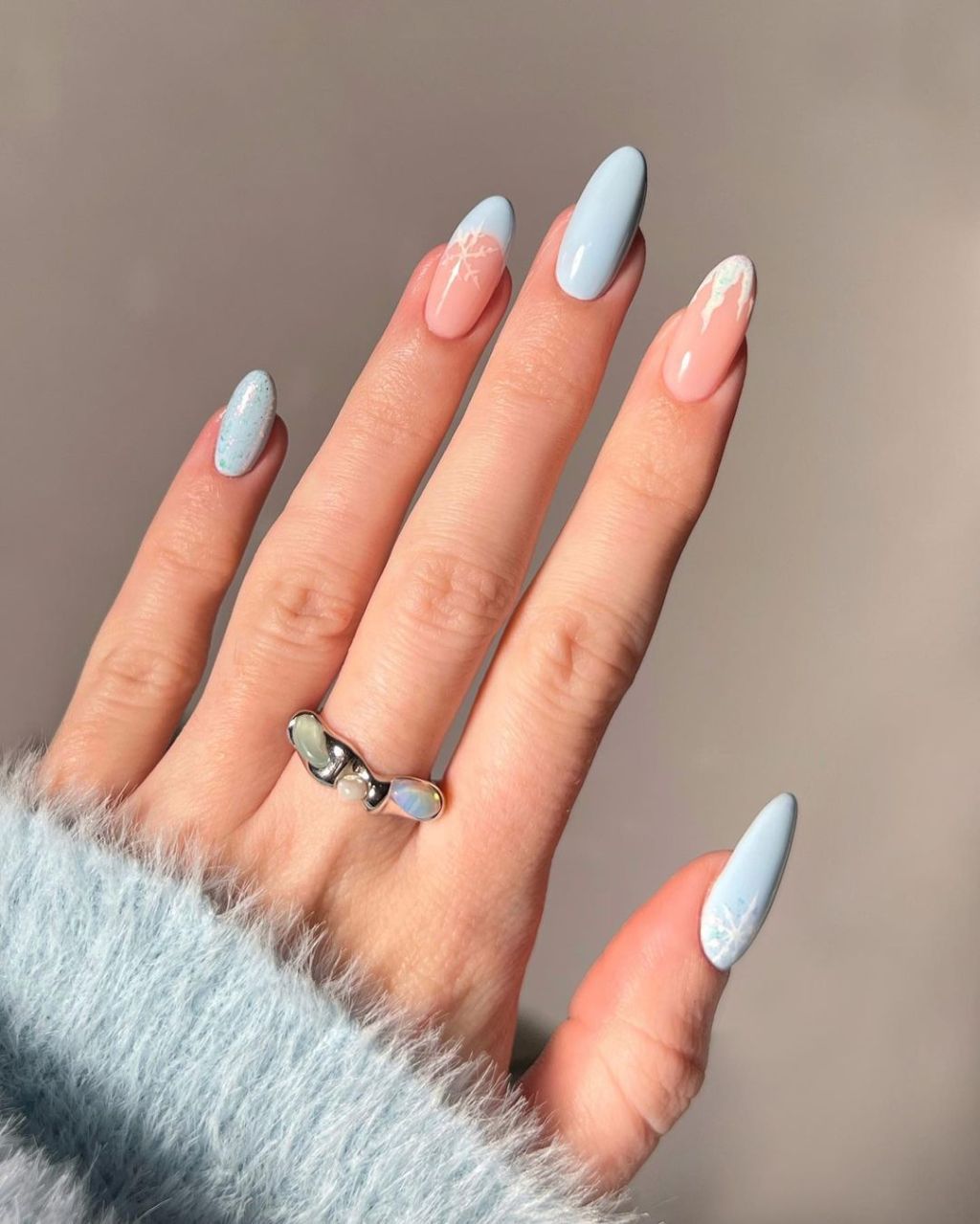Light Blue Pastel Snowflake Almond — Winter Dip Powder Nails