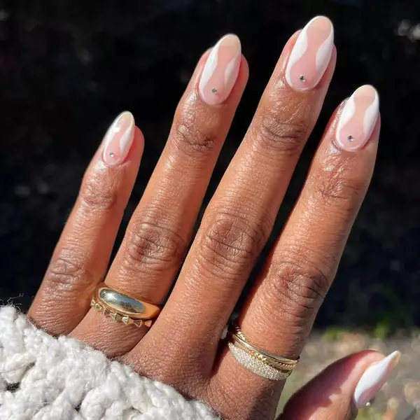 Sheer Nude with Abstract White and Rhinestones Sheer Nude with Abstract White and Rhinestones — Classy Simple Nail Designs