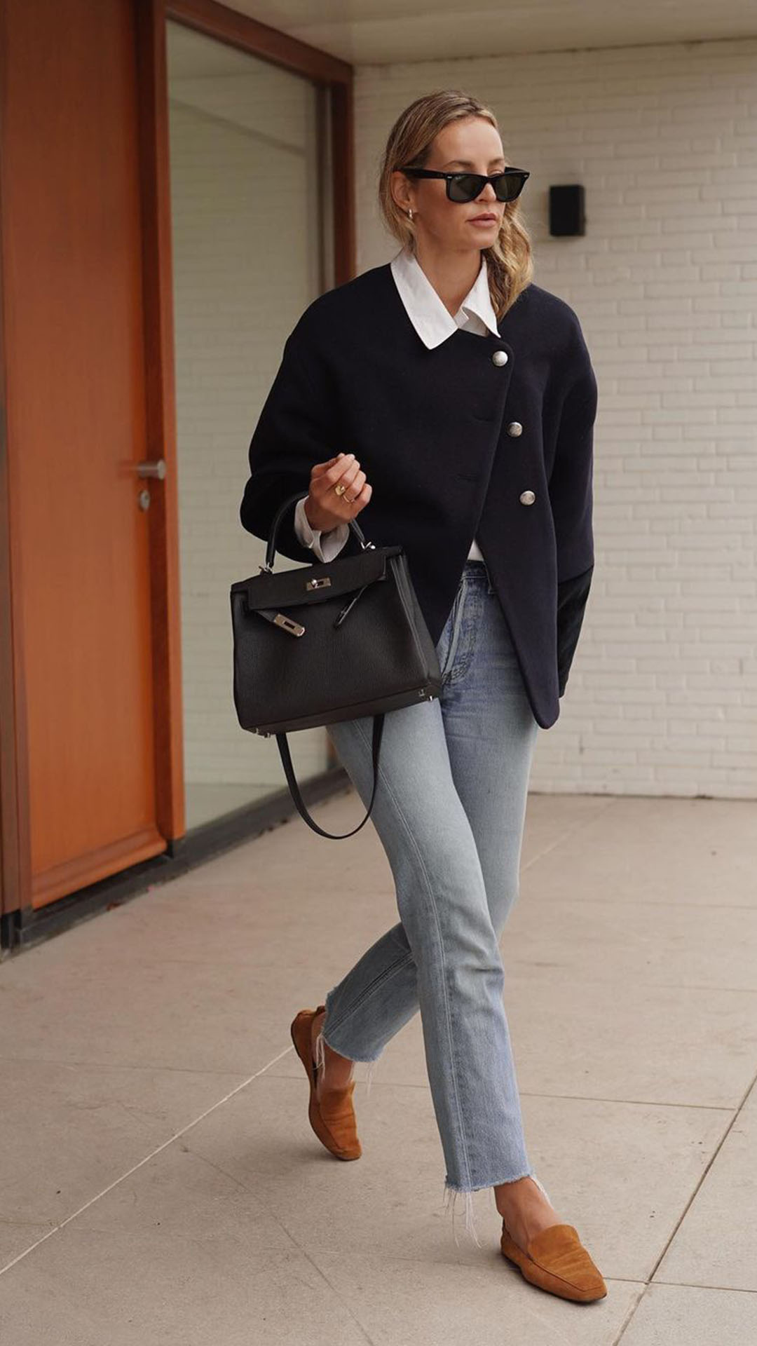 Navy Jacket with White Shirt, Jeans, and Brown Loafers — Peacoat Outfits