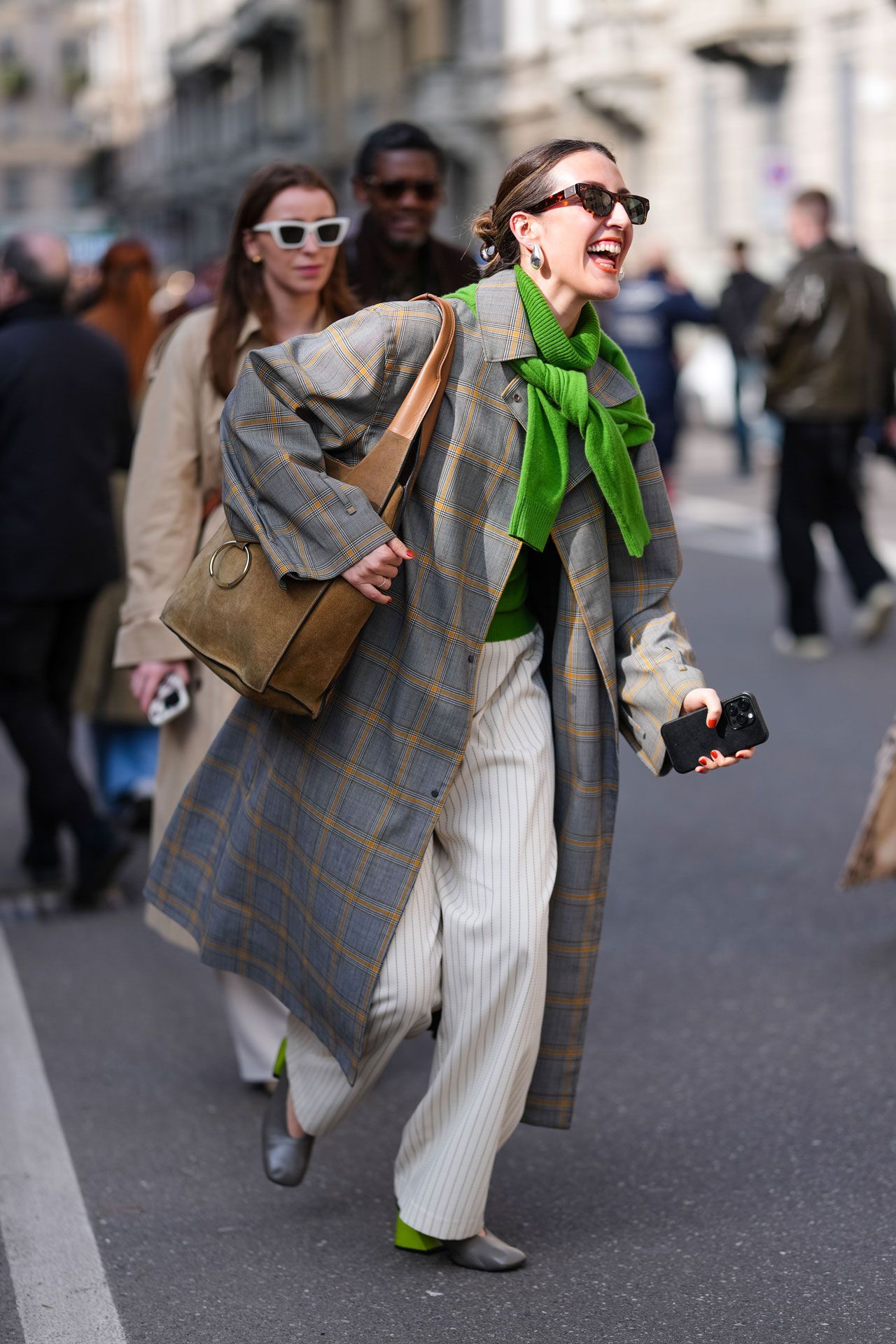 Grey Plaid Long Coat with Green Sweater and Wide-Leg Pants — Long Coat Outfits