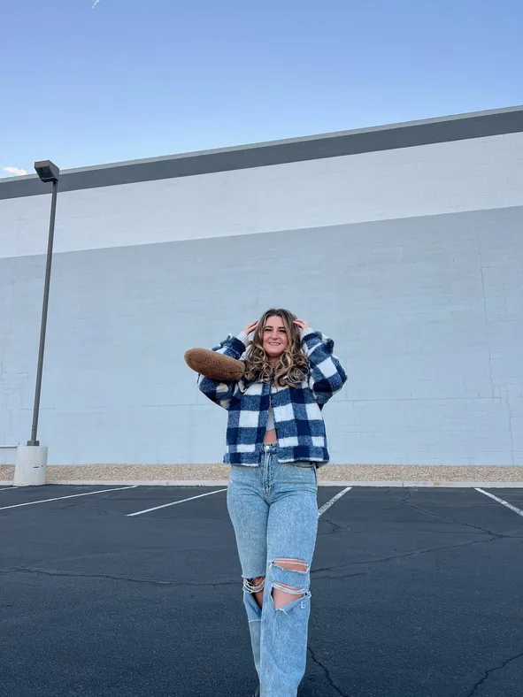 Casual Cool: Plaid Cropped Jacket with Ripped Jeans — Winter Going Out Outfits