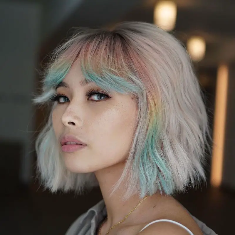 Platinum Bob With Pastel Streaks Platinum Bob With Pastel Streaks — Winter Hair Colors for Short Hair