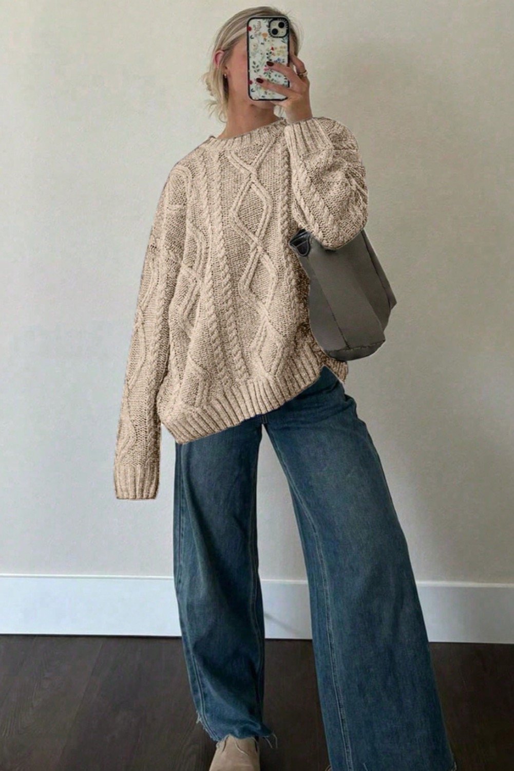 Relaxed Weekend: Beige Cable-Knit Sweater with Wide-Leg Denim Relaxed Weekend: Beige Cable-Knit Sweater with Wide-Leg Denim — Oversized Sweater Outfits