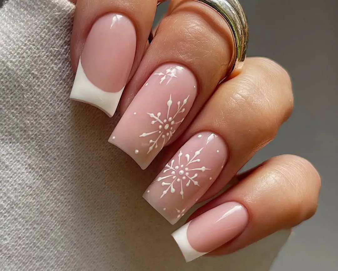Sheer Pink French with Snowflake Art — Winter Nail Art