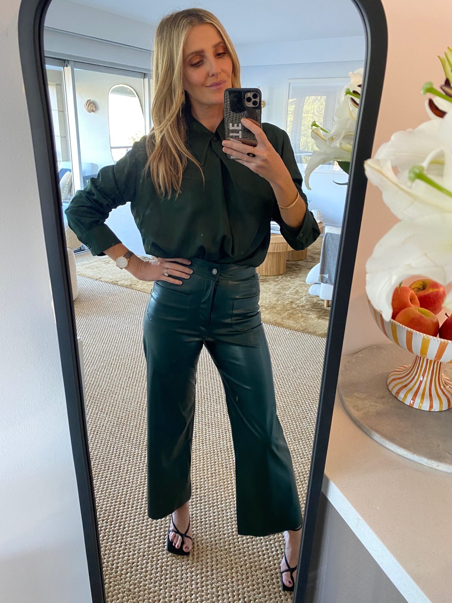 Monochromatic Green Leather Pants and Shirt — Leather Pants Outfits