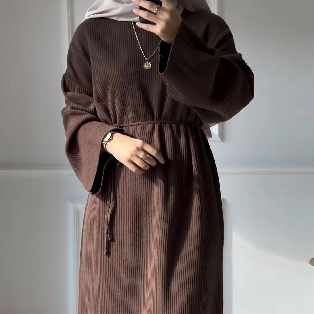 Ribbed Knit Drawstring Dress with Bell Sleeves for Everyday Comfort Ribbed Knit Drawstring Dress with Bell Sleeves for Everyday Comfort — Modest Winter Outfits