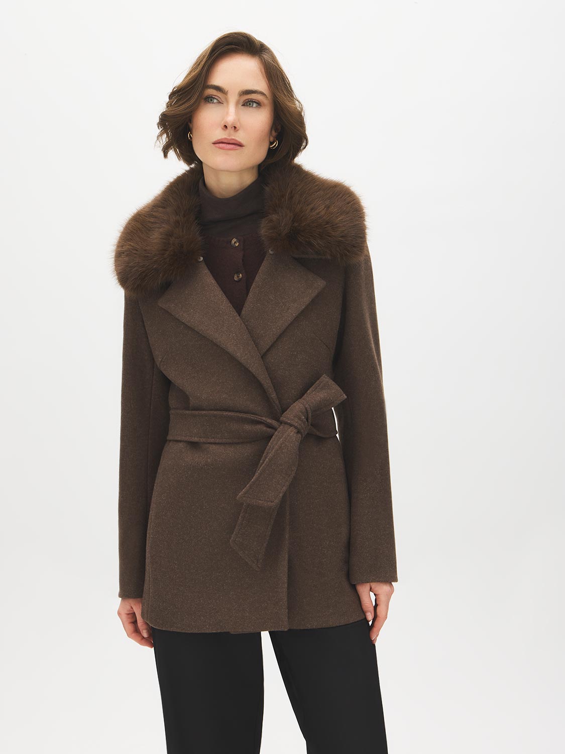 Short Brown Wool Blend Coat with Detachable Faux Fur Collar Short Brown Wool Blend Coat with Detachable Faux Fur Collar — Winter Coats for Women