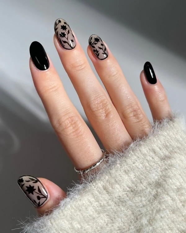Medium Oval with Black Floral Outlines Medium Oval with Black Floral Outlines — Black Nail Ideas