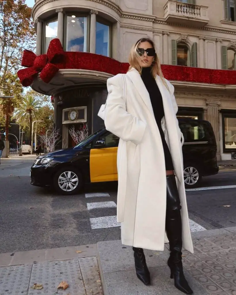 Dramatic White Wrap Coat with Thigh-High Boots — Car Coat Outfits