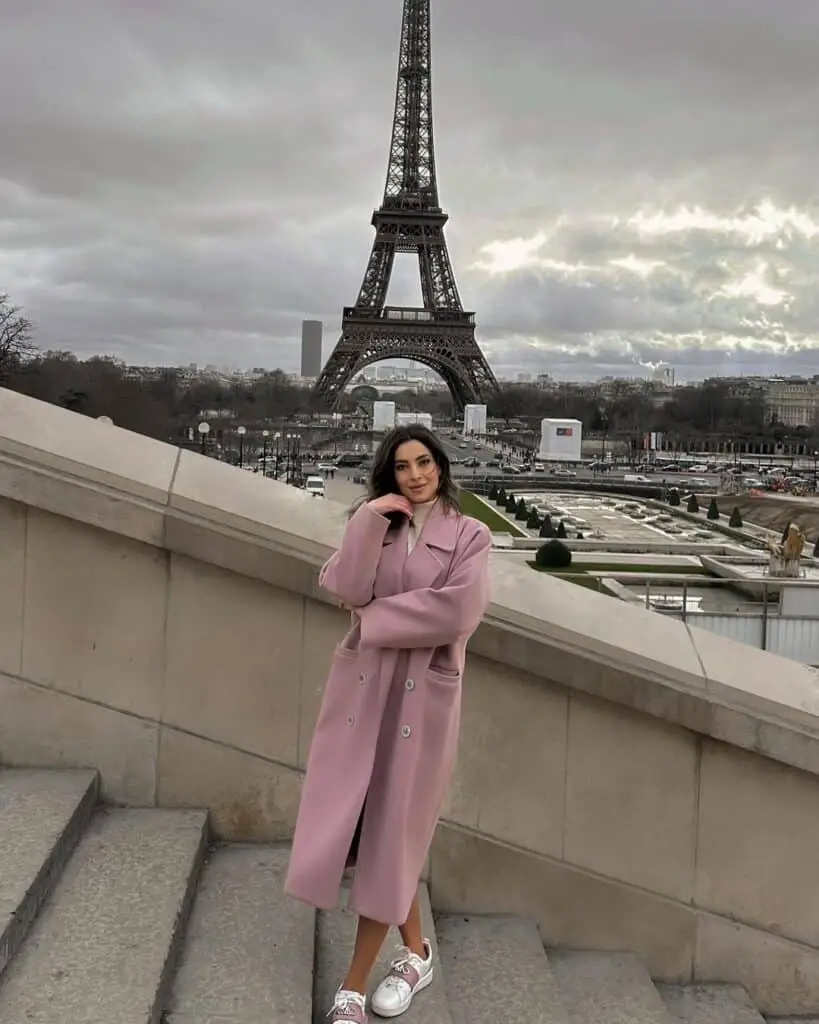 Pale Pink Wool Coat over White Turtleneck and Sneakers Pale Pink Wool Coat over White Turtleneck and Sneakers — Paris Winter Outfits