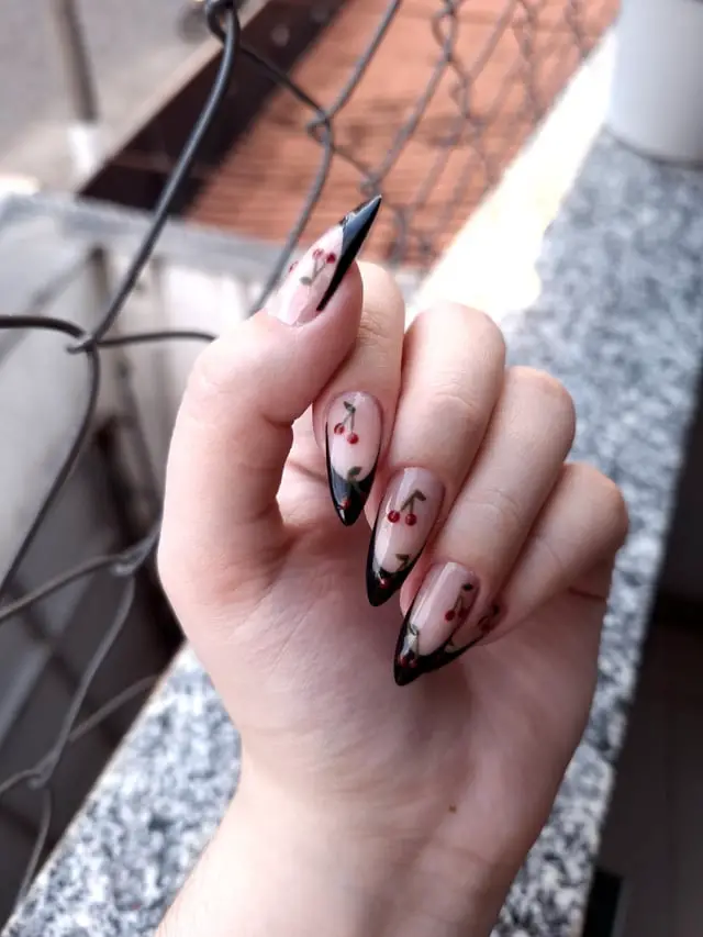 Sheer Nude with Black Tips and Cherry Accents — Black Cherry Nails