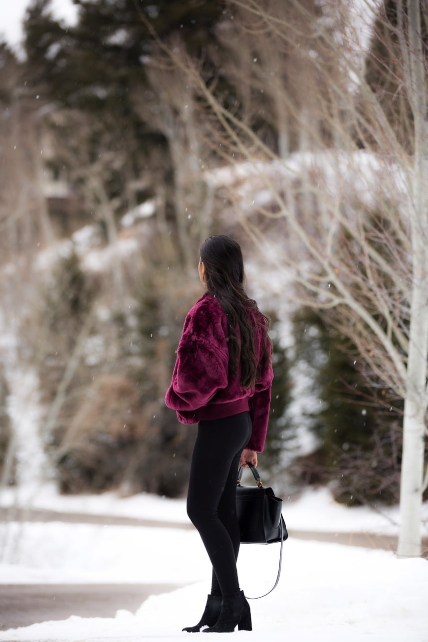 Bold Burgundy Cropped Faux Fur Jacket with Leggings Bold Burgundy Cropped Faux Fur Jacket with Leggings — Faux Fur Coat Outfits