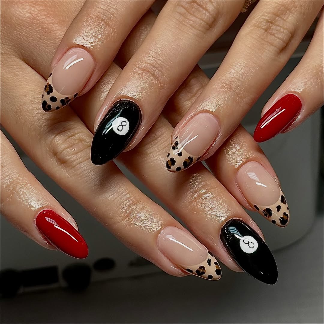 Long Almond Mix: Nude French, Red, and 8-Ball Long Almond Mix: Nude French, Red, and 8-Ball — Trendy Simple Nail Designs