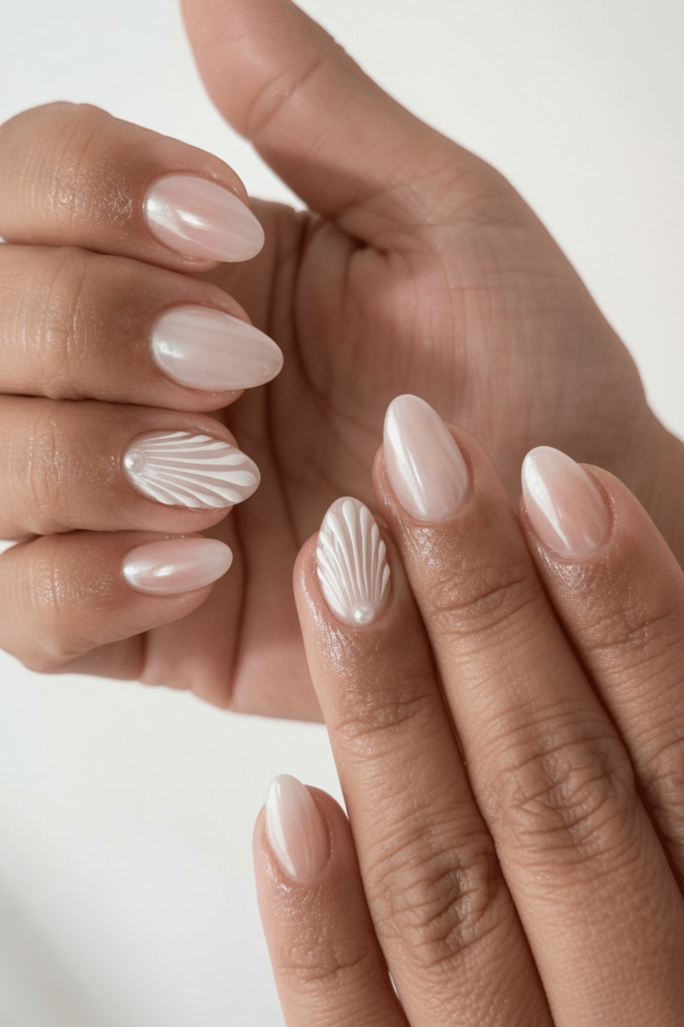 Pale Pink Pearlescent Chrome with 3D Shells — Chrome Nail Designs