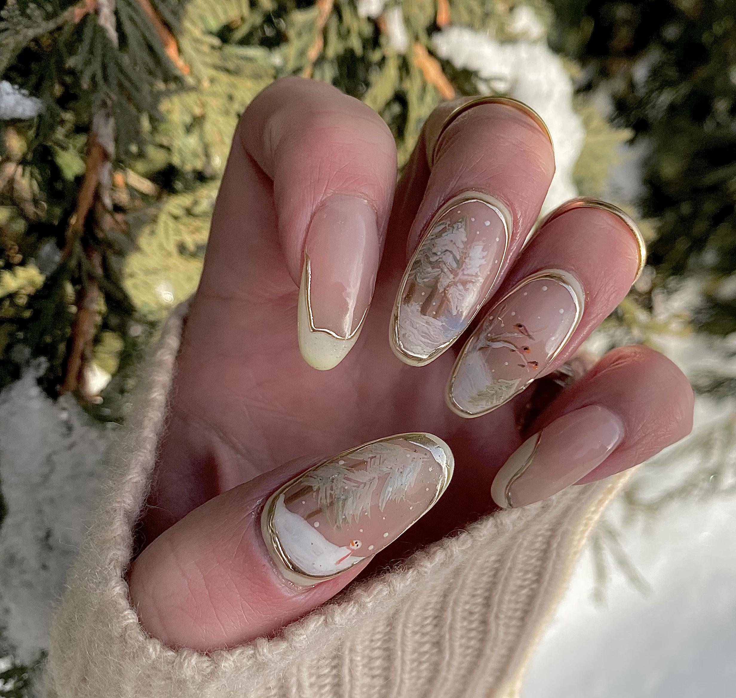Winter Scene Marble Oval Nails — Winter Marble Nails