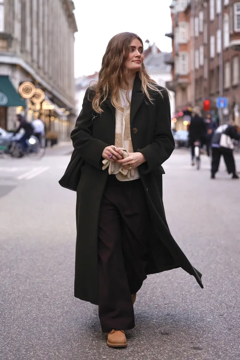 Elevated Casual: Tan Timberlands with Wide-Leg Trousers and Long Coat — Timberland Boots Outfits