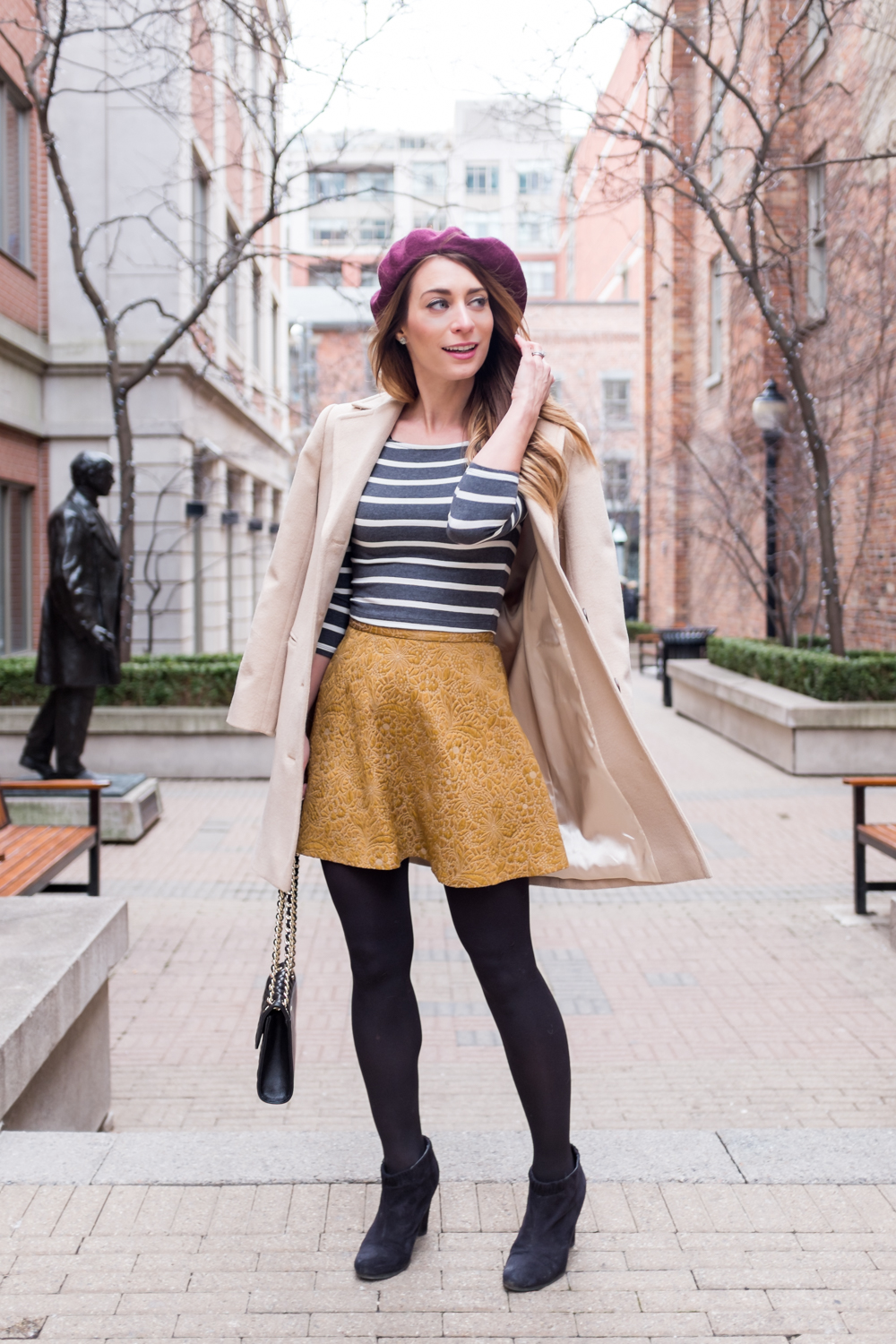 Burgundy Beret with Striped Top and A-Line Skirt — Beret Outfits