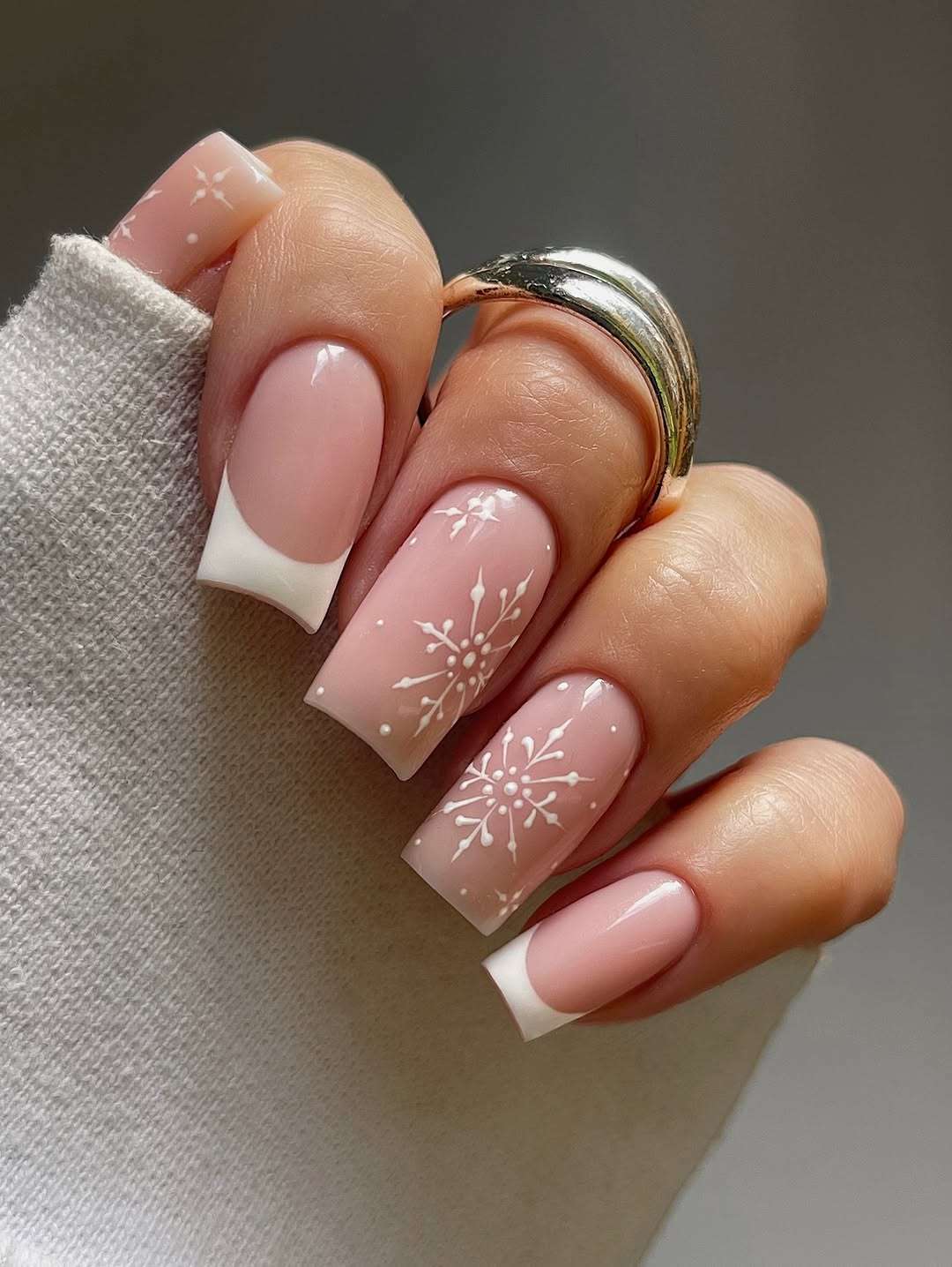 Classic French with Snowflake Accents Classic French with Snowflake Accents — Pastel Winter Nails