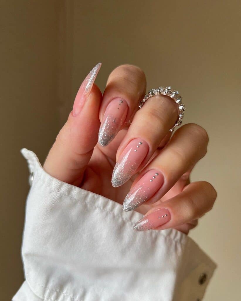 Sheer Pink Glitter Gradient Almond Nails Sheer Pink Glitter Gradient Almond Nails — Winter Nail Colors for Women Over 40