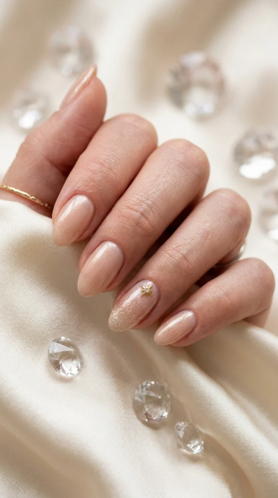 Sheer Nude With Gold Shimmer and Star Accent Sheer Nude With Gold Shimmer and Star Accent — Neutral Nail Colors