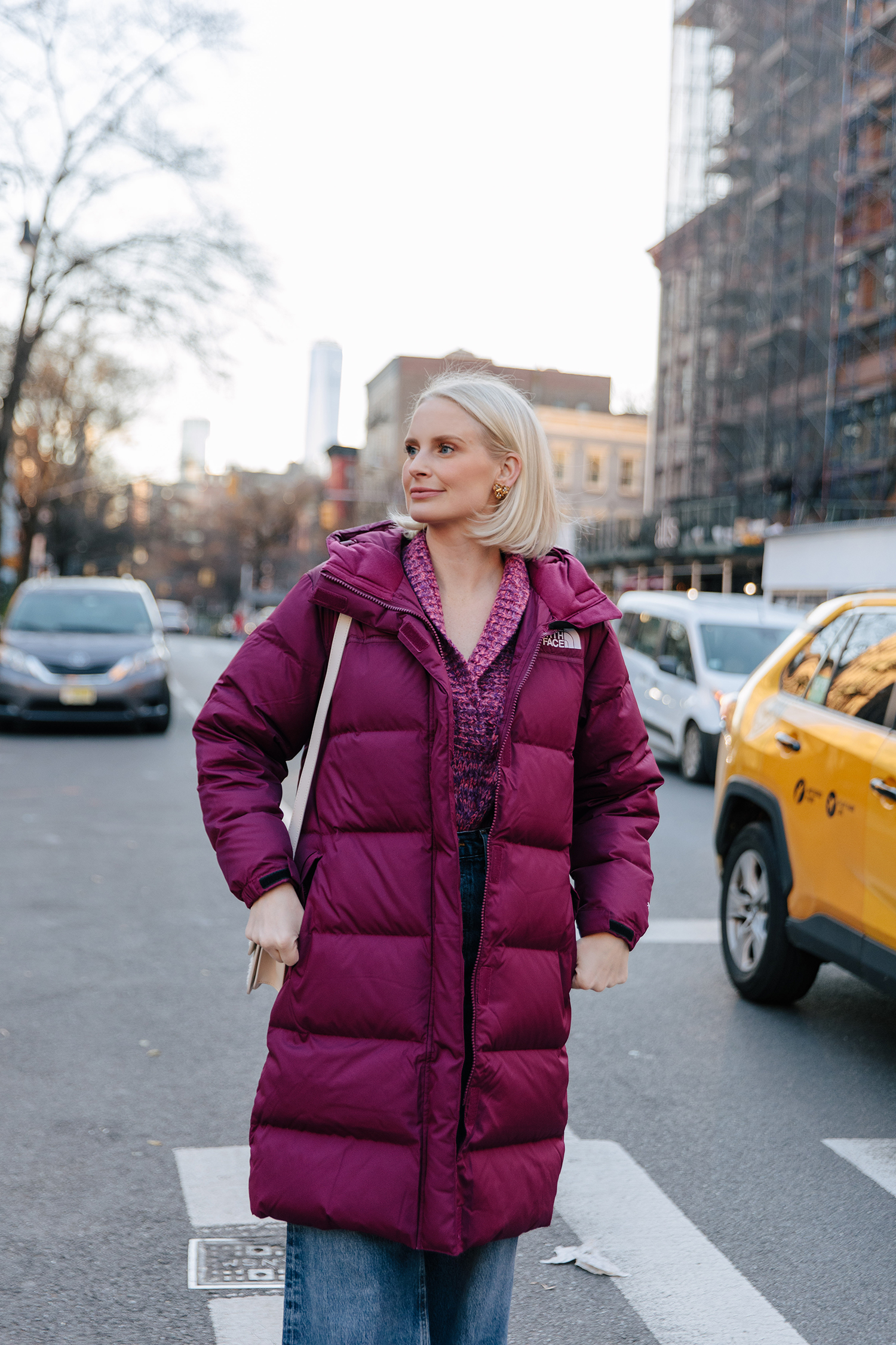 Vibrant Purple Puffer Coat with Knit Sweater and Jeans Vibrant Purple Puffer Coat with Knit Sweater and Jeans — Parka Outfits