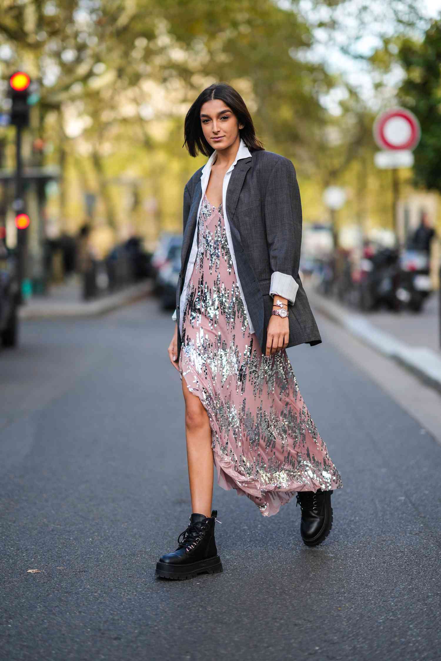 Pink Sequin Dress and Oversized Blazer with Combat Boots Pink Sequin Dress and Oversized Blazer with Combat Boots — Ankle Boots Outfits