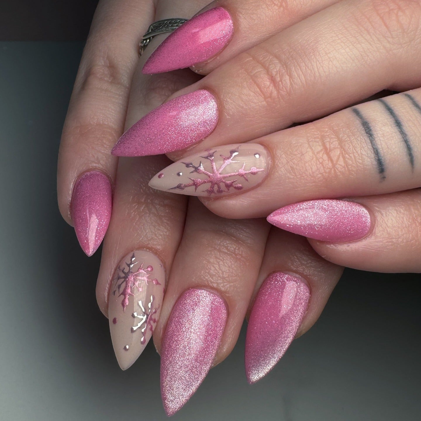 Pink Glitter Snowflake Stilettos Pink Glitter Snowflake Stilettos — Winter Stiletto Nails