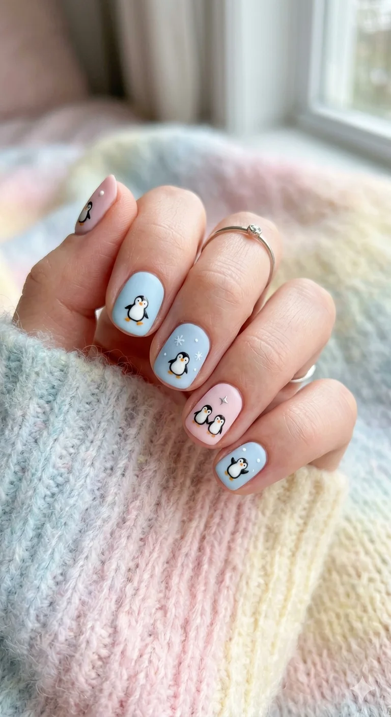 Adorable Penguin Illustrations on Short Round Nails Adorable Penguin Illustrations on Short Round Nails — Cute Winter Nails