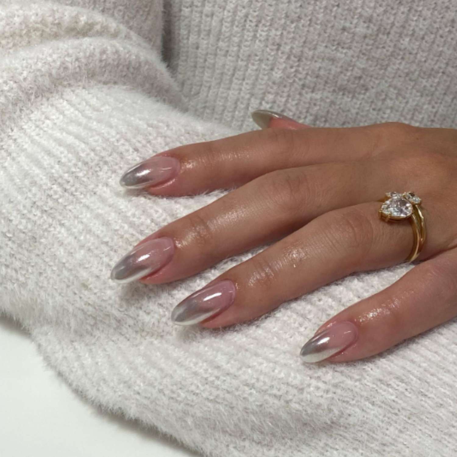 Silver Chrome French Tip Almonds Silver Chrome French Tip Almonds — Natural Winter Nails