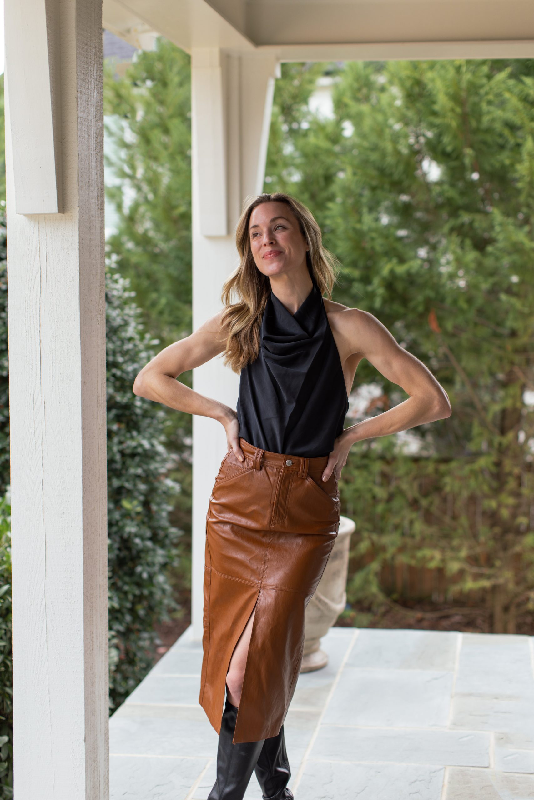 Evening Elegance: Brown Leather Midi with Satin Halter Evening Elegance: Brown Leather Midi with Satin Halter — Leather Skirt Outfits