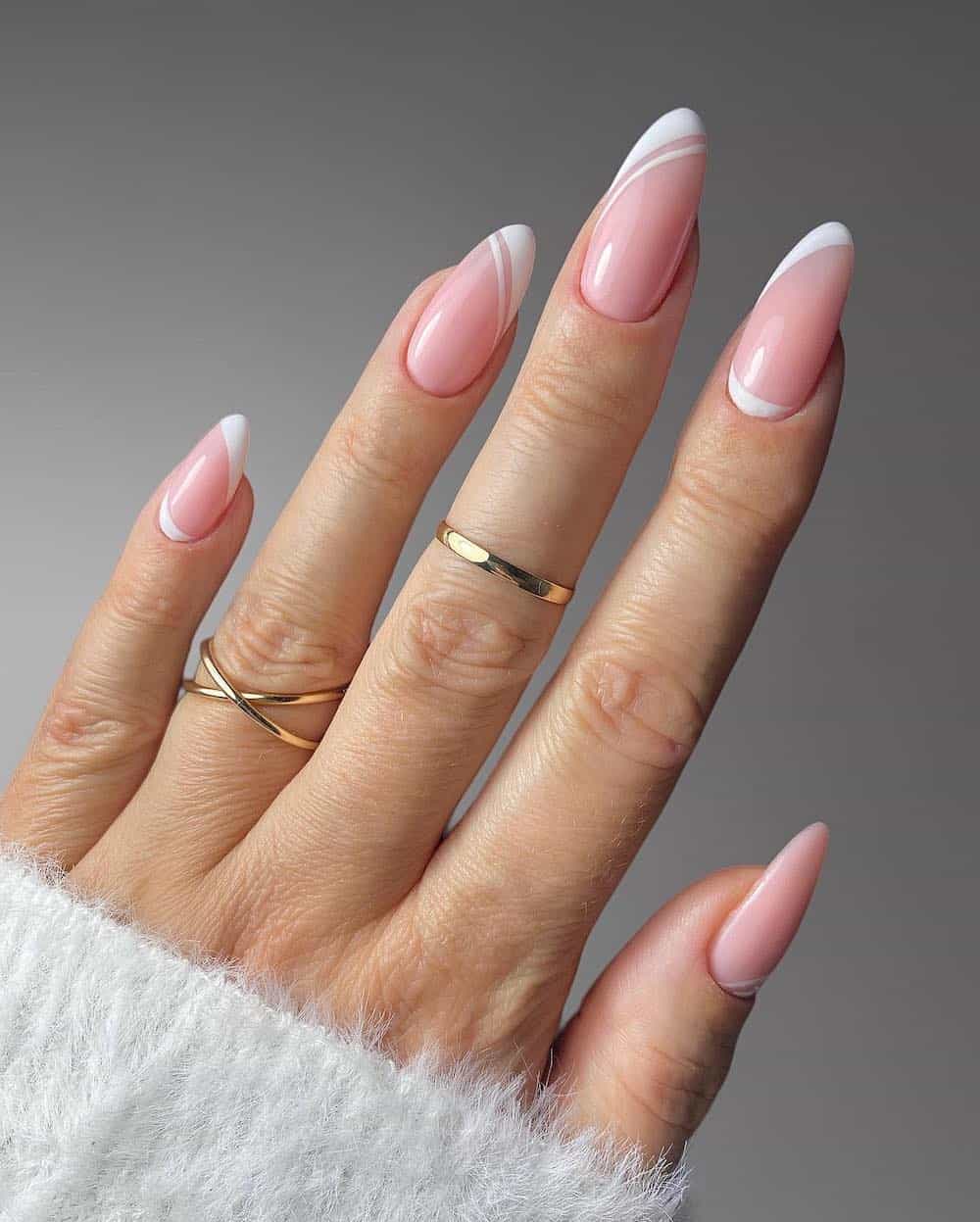 Sheer Pink Double French Almonds Sheer Pink Double French Almonds — Medium Length Winter Nails