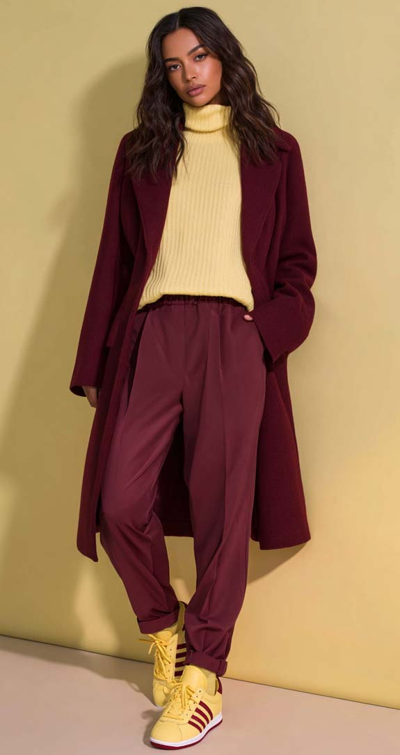 Relaxed Burgundy Coat Over Yellow Turtleneck and Straight-Leg Pants Relaxed Burgundy Coat Over Yellow Turtleneck and Straight-Leg Pants — Burgundy Outfits
