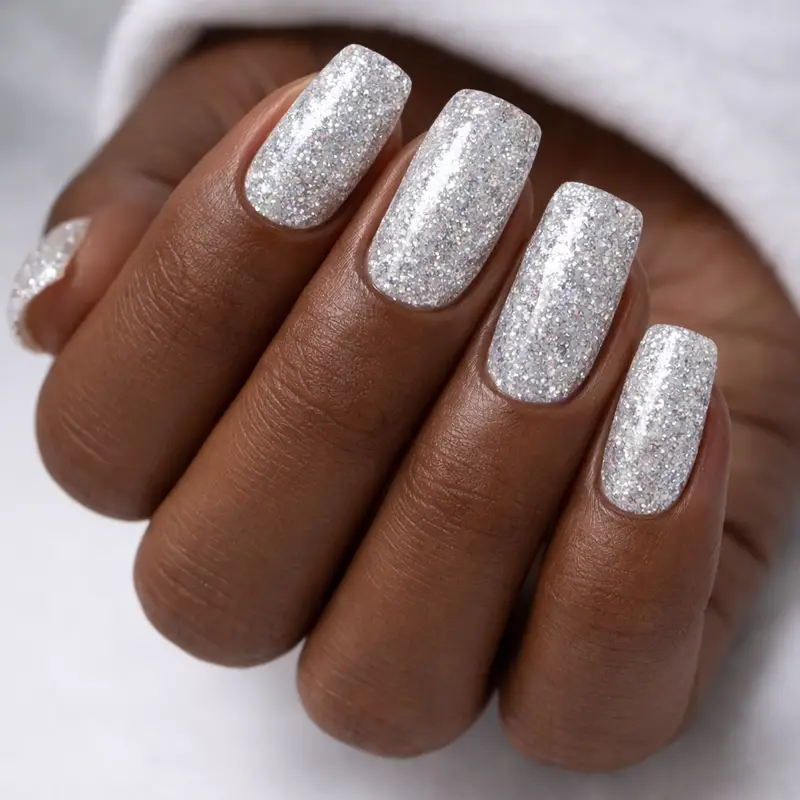 Short Square Silver Glitter Dip Nails — Winter Dip Powder Nails
