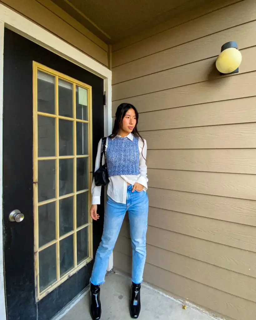 Blue Knit Vest Over a White Shirt with Straight-Leg Jeans Blue Knit Vest Over a White Shirt with Straight-Leg Jeans — Preppy Winter Outfits