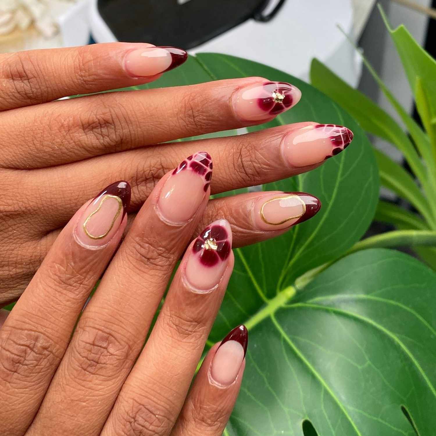 Abstract Burgundy French Tip Almond Nails — Burgundy Nails