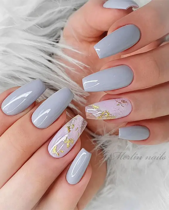 Grey Marbled Gold Foil Coffin Nails Grey Marbled Gold Foil Coffin Nails — Nail Art Ideas