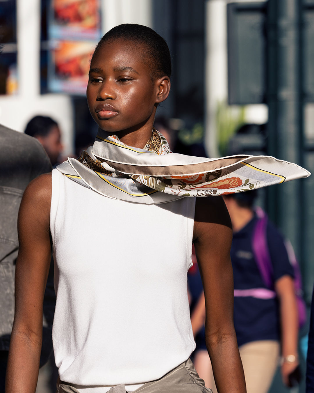 Patterned Silk Scarf Draped Loosely Patterned Silk Scarf Draped Loosely — Scarf Outfits