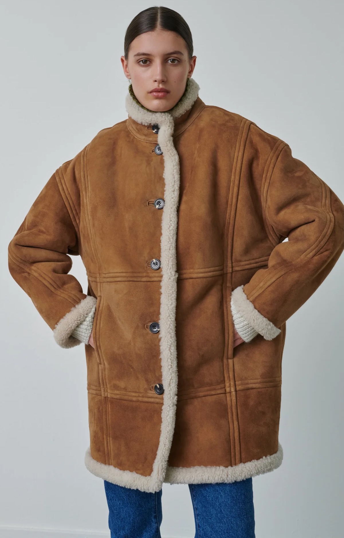 Mid-Length Brown Shearling Coat with Denim — Shearling Coat Outfits