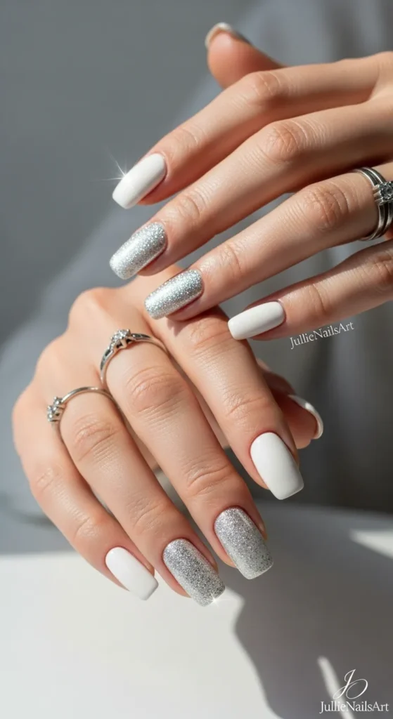 Matte White and Silver Glitter Square Nails Matte White and Silver Glitter Square Nails — Winter White Nails