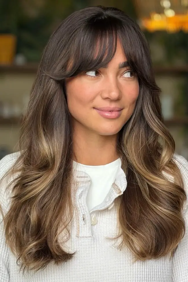 Mid-Back Waves With Wispy Curtain Bangs Mid-Back Waves With Wispy Curtain Bangs — Mushroom Brown Hair