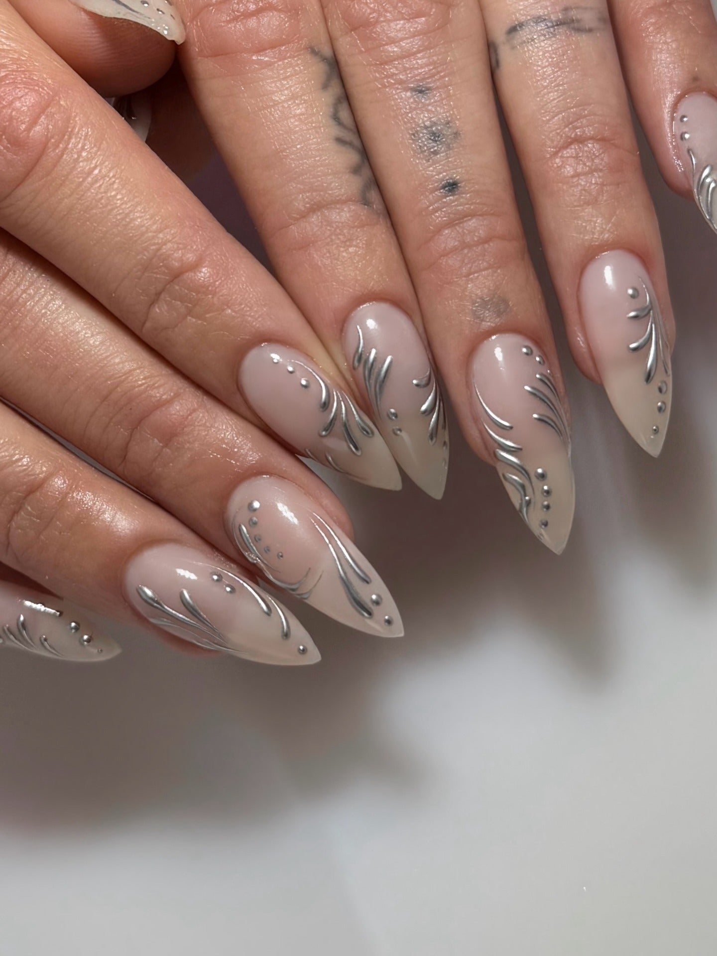 Sheer Nude with Silver Chrome Swirls — Silver Chrome Nails