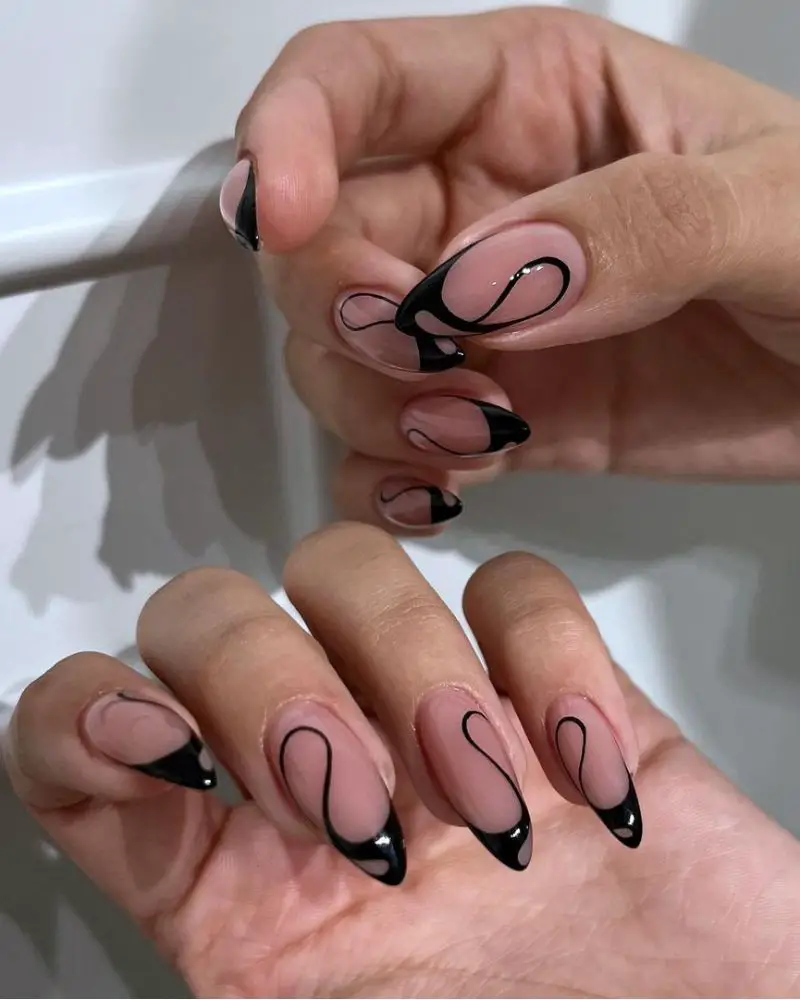 Long Almond Abstract Black Swirls Long Almond Abstract Black Swirls — Black Nail Ideas