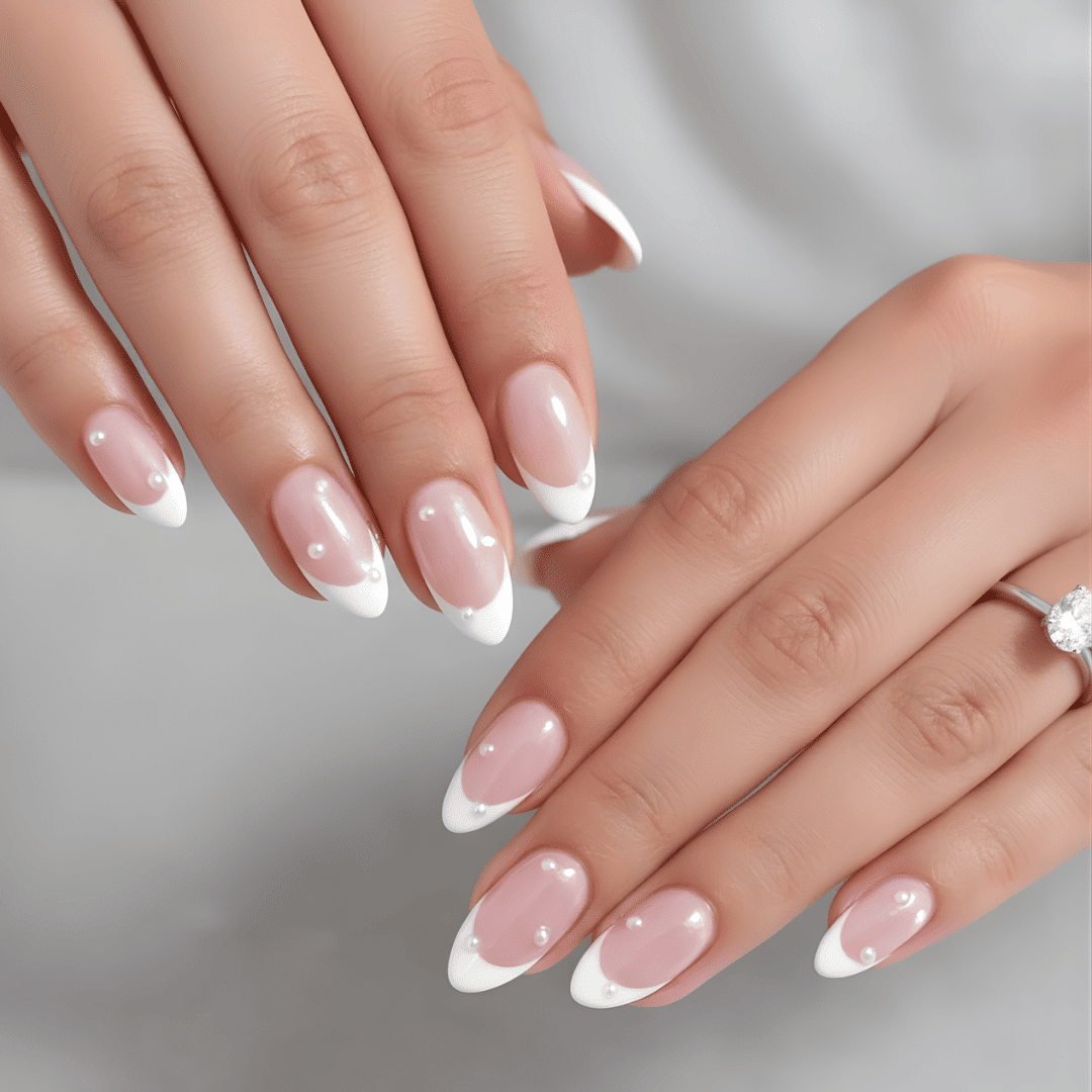 Pearl Embellished French Almonds Pearl Embellished French Almonds — Natural Winter Nails